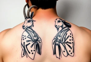 Feminine goat and ox dressed up as geisha warriors tattoo idea