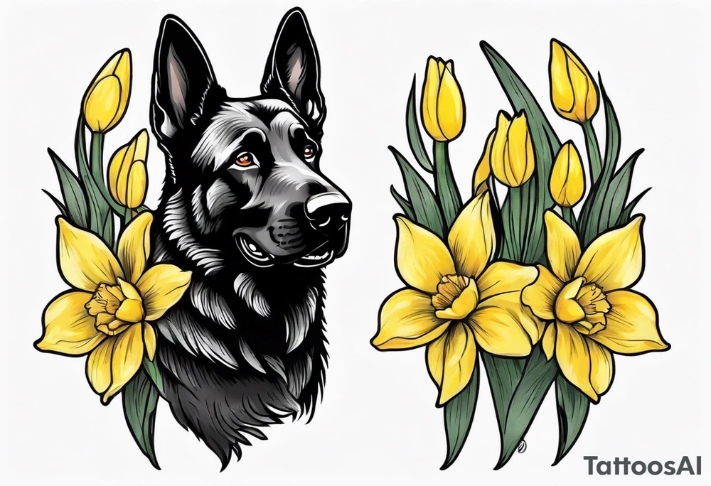 Black German shepherd portrait brightly colored with daffodils tattoo idea
