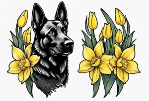 Black German shepherd portrait brightly colored with daffodils tattoo idea