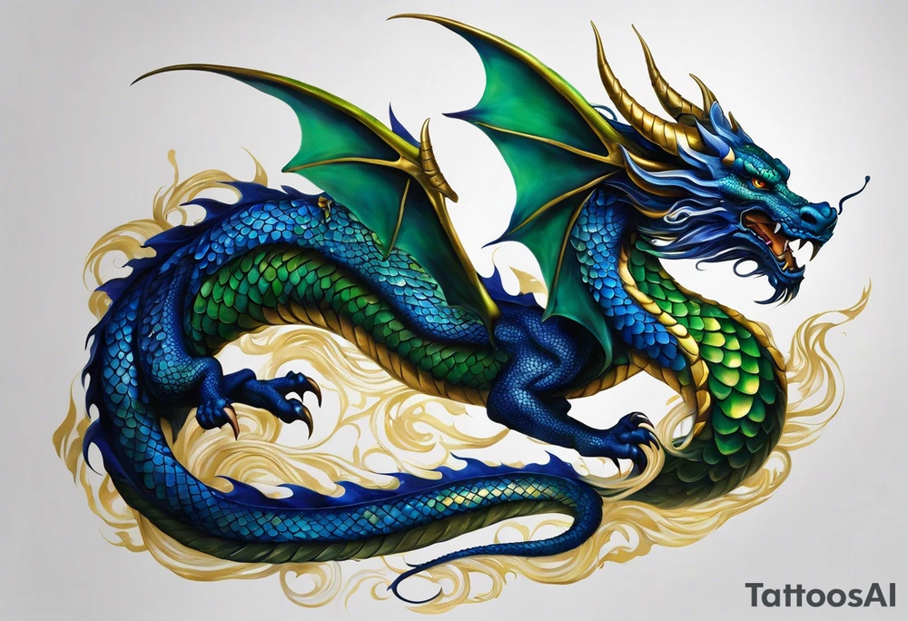 Semirealistic Tattoo: An epic with no wings floating. Its body coiling dynamically, with scales and horns detailed to create a sense of movement and strength. The dragon's main color is dark blue but features accents in green, blue, and gold, giving a vibrant depth and a mystical aura. This tattoo highlights the dragon’s fierce expression and sharp claws as it wraps protectively around the leg. Style: Semi-realism tattoo idea