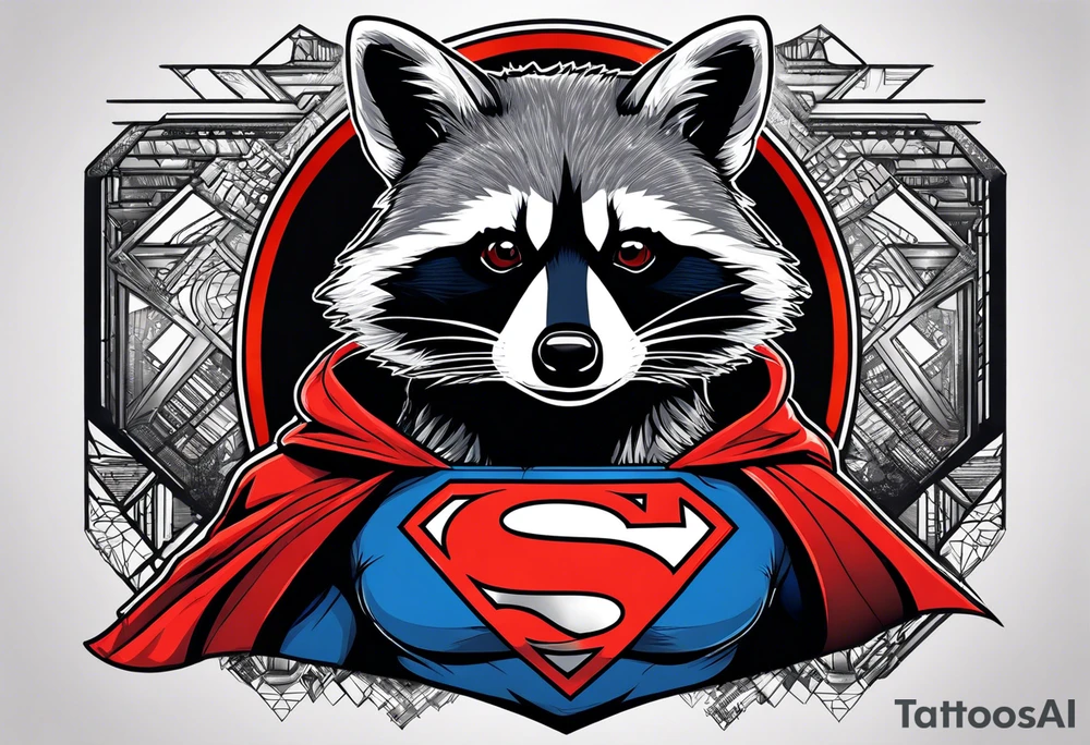 raccoon wearing a Superman hoodie tattoo idea