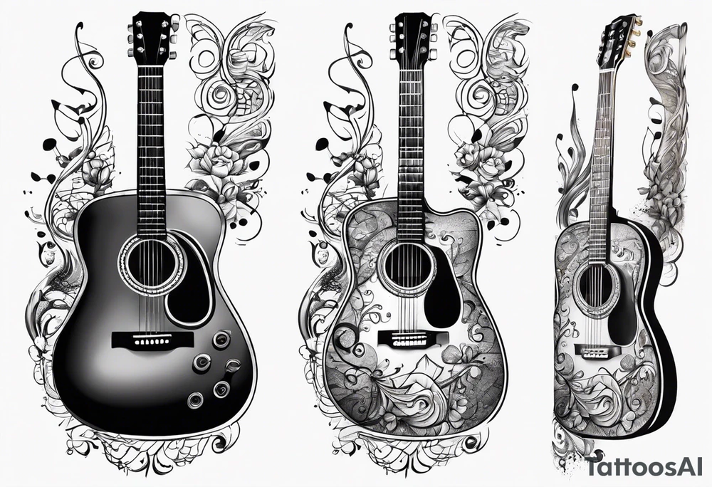 guitar with musical notes wrapped around it tattoo idea