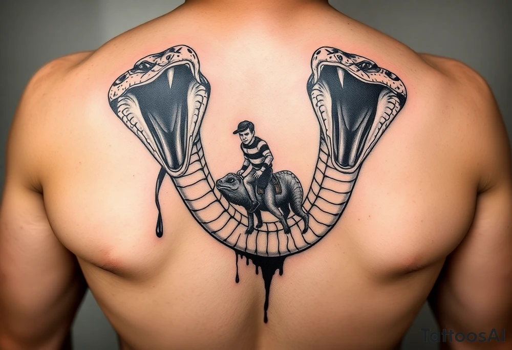 1 dominate head the 1 and the other bigger and scarier both heads giant fangs out 1 head pulling away so hard there’s blood on the neck where the 2 heads split its 2 fierce baby cobra heads and a man riding on the snake like it was bull riding tattoo idea