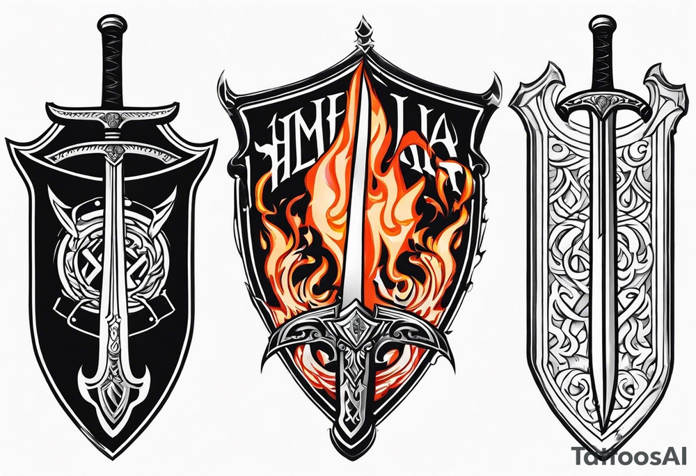 Valhalla flames shield sword tattoo idea