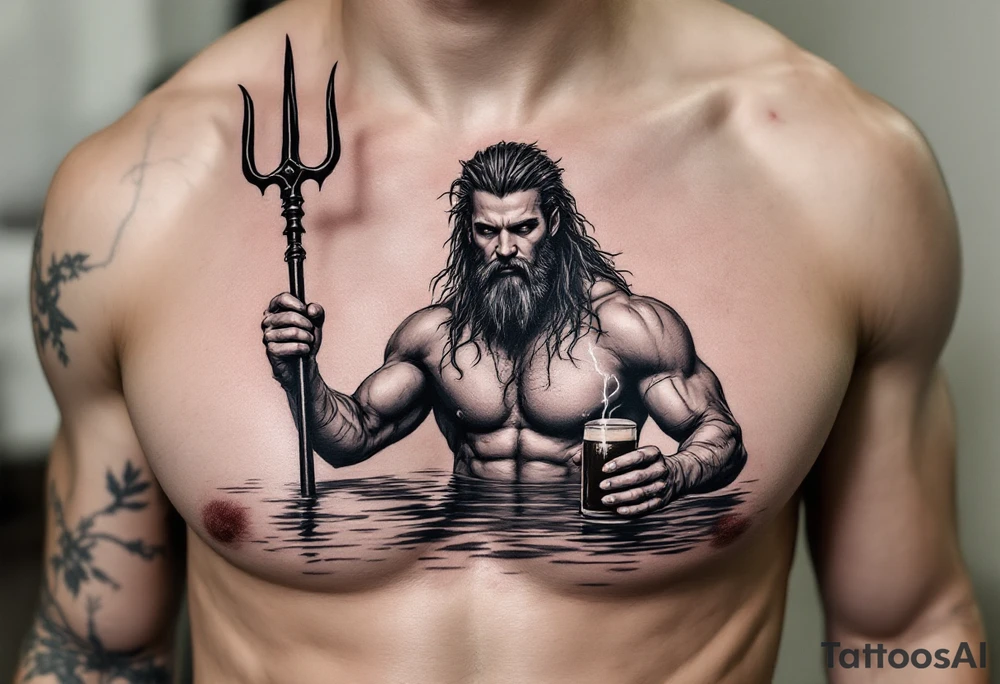 young, fit poseidon in calm water, holding a trident, holding a beer, with lightning tattoo idea