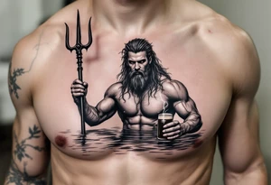 young, fit poseidon in calm water, holding a trident, holding a beer, with lightning tattoo idea