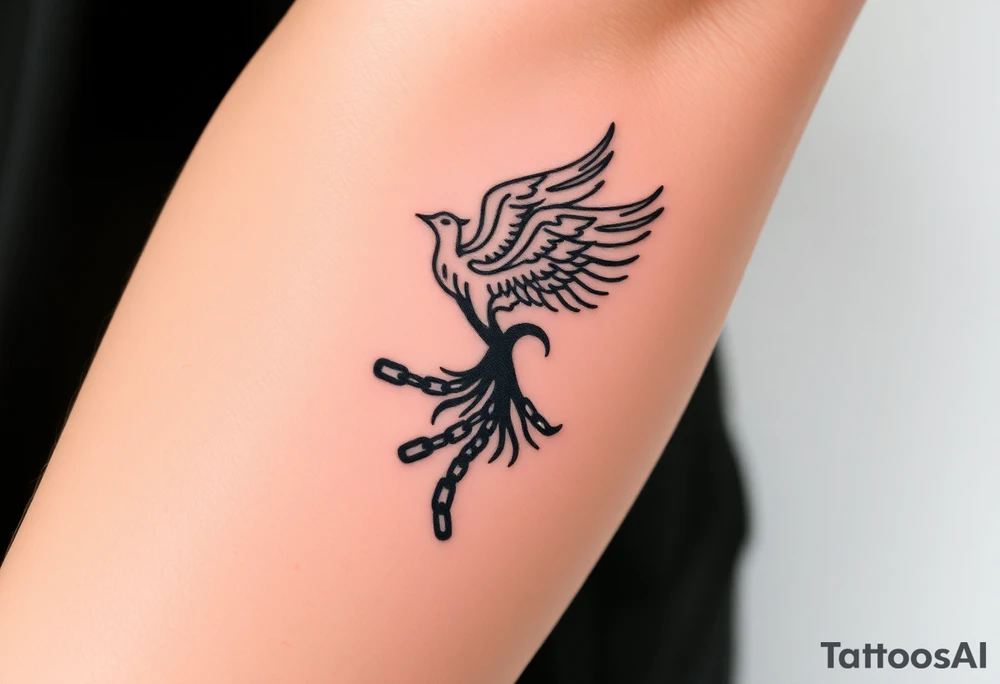 Create a minimalist tattoo design symbolizing personal rebirth. Phoenix or tree breaking through chains, representing freedom from addiction, self-forgiveness, and inner strength. Incorporate dates 21.02 and 22.02 subtly. Emphasize journey of healing, self-love, and dignity. tattoo idea