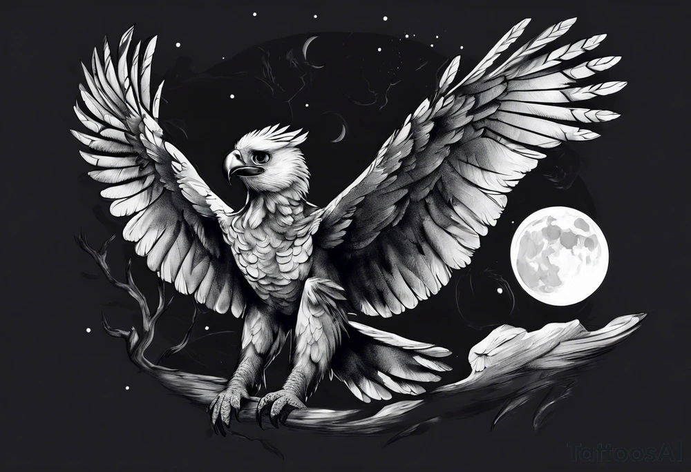 harpy eagle at night flying in the moonlight dark aesthetic tattoo idea