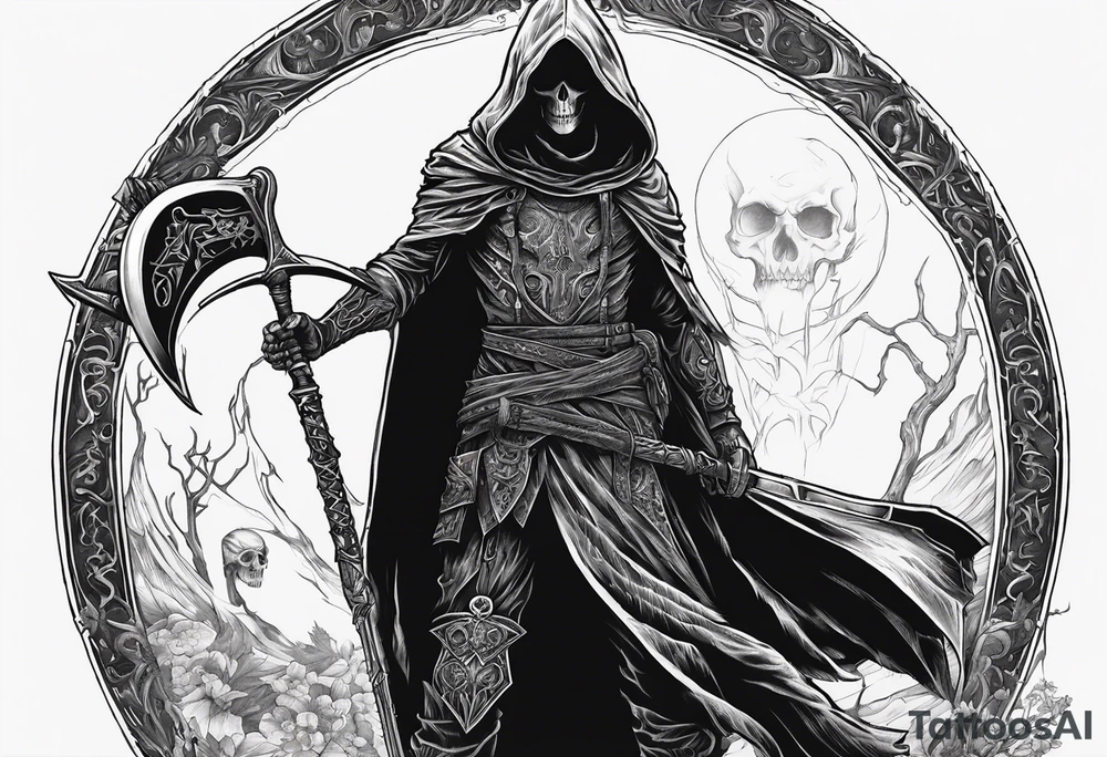 hooded human necromancer holding a large scythe in 1 hand and raising a skeletal warrior under his other hand that is glowing tattoo idea