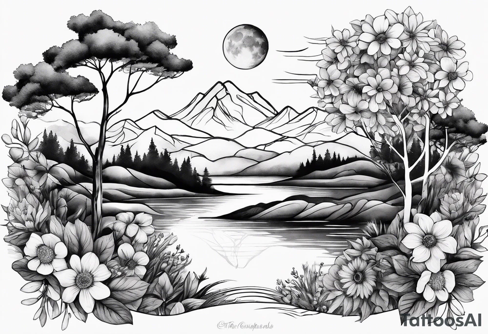 Secret, hidden garden, flowers, lake, daylight moon, more flowers love tattoo idea