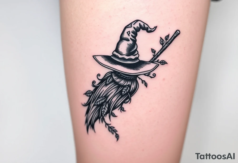 Which is broom with handle
 a witches hat with vines and feathers 
Smaller broom with hat placed on top or in the middle
Feminine and on a leg tattoo idea