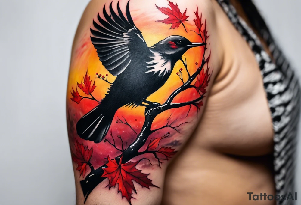trash polka style. Arm tattoo. Long tattoo. Full sleeve. Shoulder. A single large maple tree with red autumn leaves that branches upwards from wrist to shoulder. White-throated dipper bird on the trees branches. Calluna flowers at the base of the trees stem. Tree stem has dark colors. Red/yellow sunset behind the trees stem. Leaves falling. tattoo idea