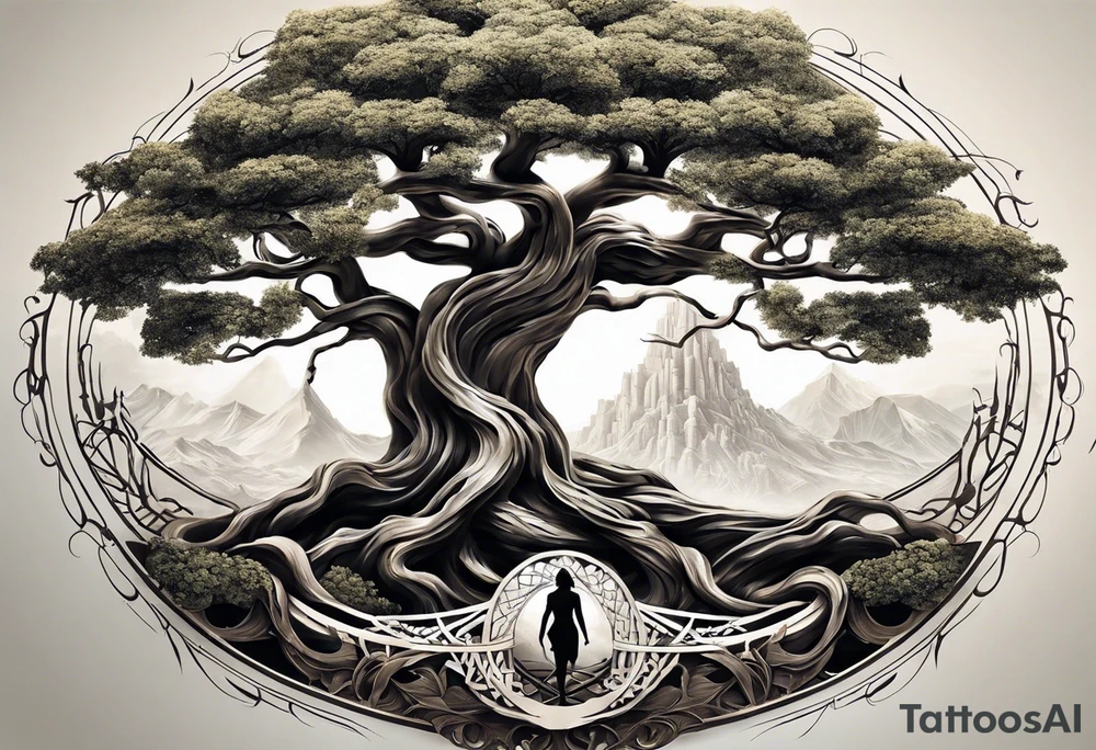 create a tattoo of a tree with its roots forming the double helix structure of DNA, symbolizing the essence of life and growth. The trunk of the tree could extend upwards, branching out into the familiar silhouette of Michelangelo's hands from the "Creation of Adam." The hands could be positioned to delicately cradle a small seed or budding flower, representing the potential for new beginnings and creation tattoo idea