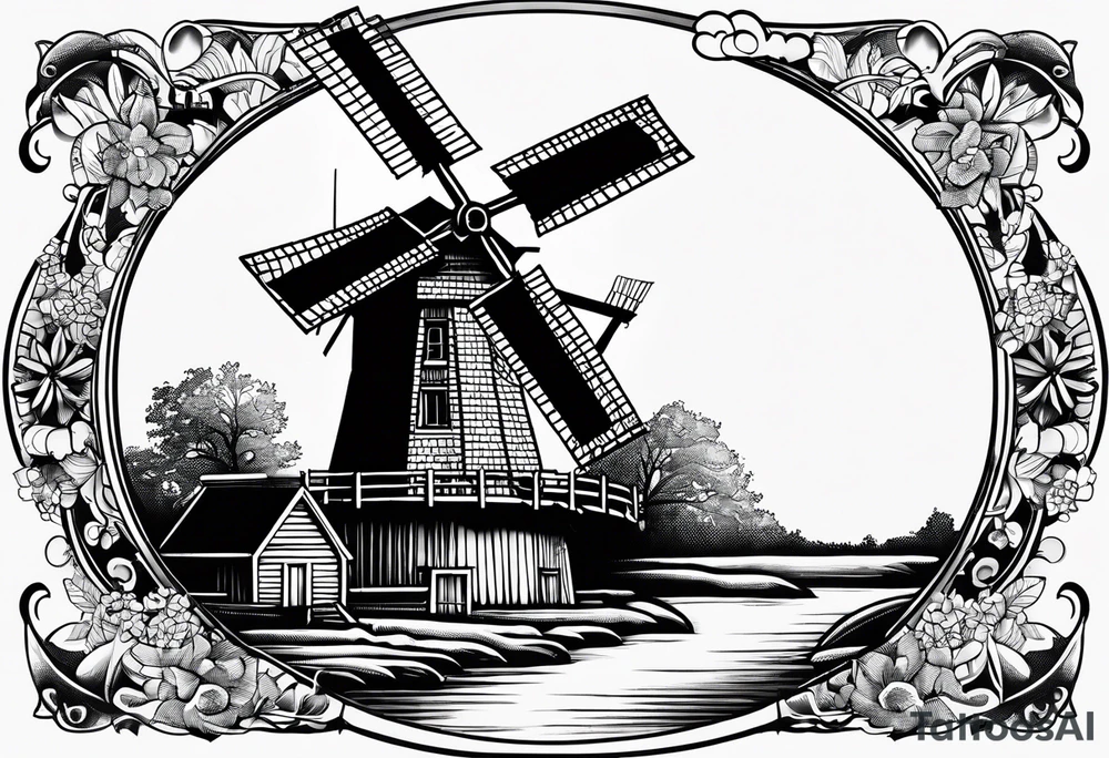 dutch windmill with text above "KLOMP" tattoo idea