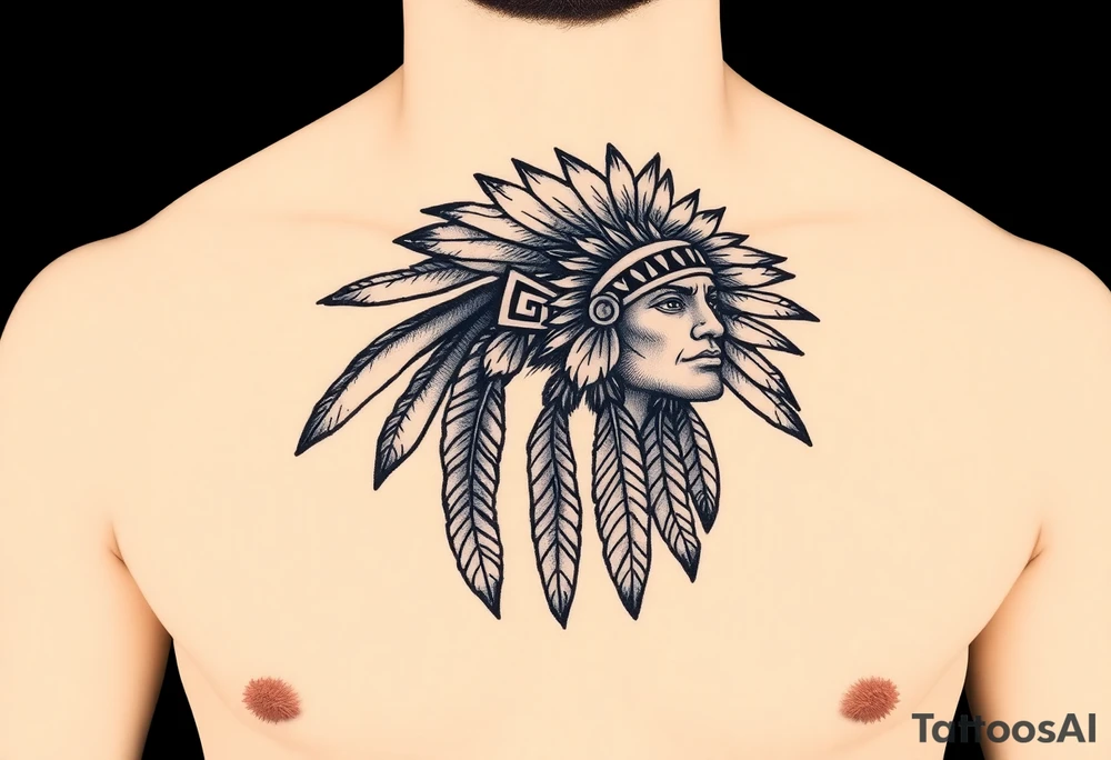 Native American chest in full color male left peck tattoo idea