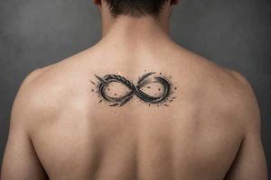 infinity symbol woven with floating feathers and stardust tattoo idea