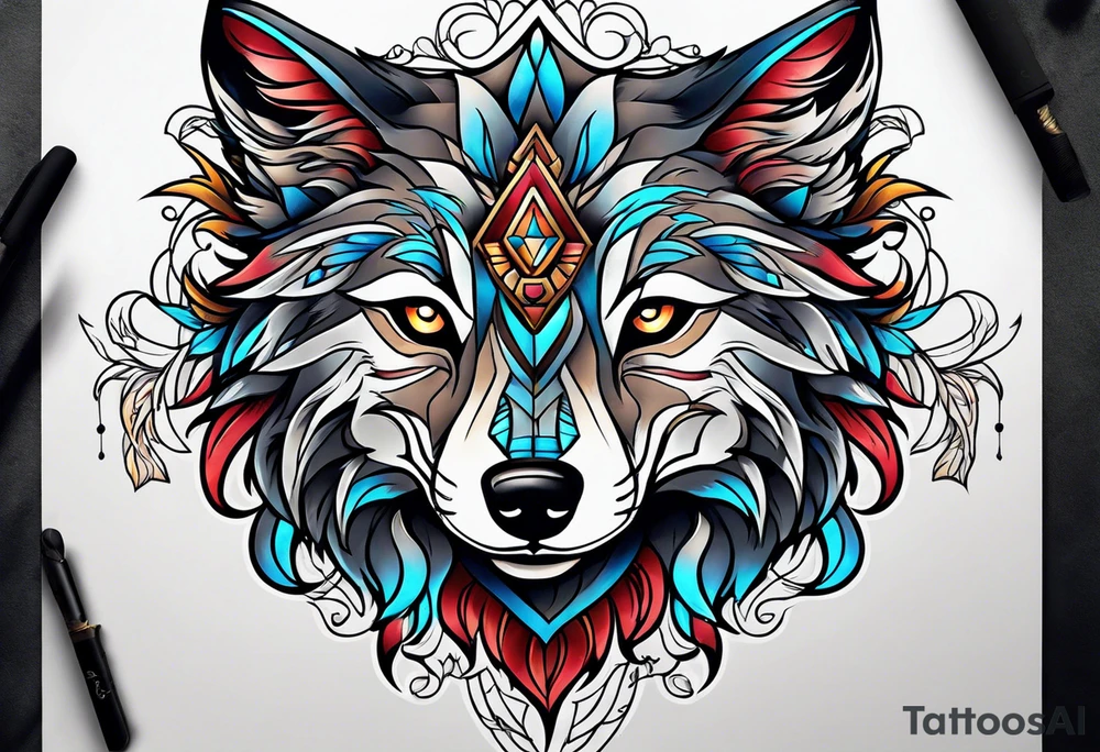 Neotraditional wolf tattoo idea