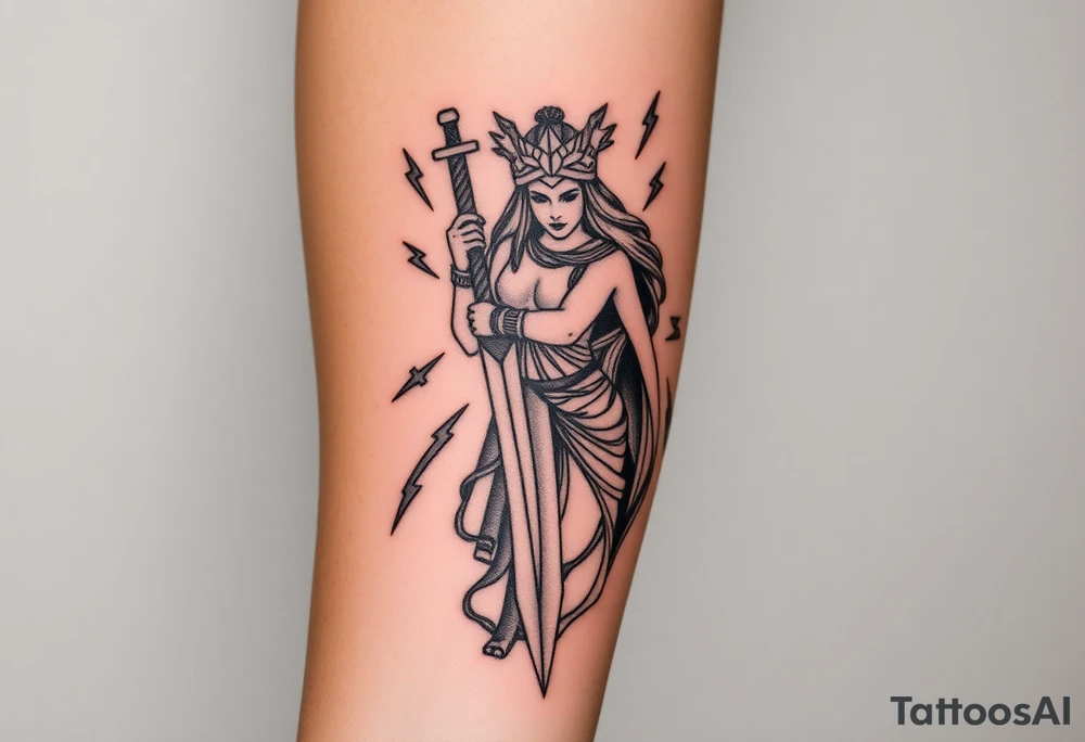 Greek goddess warrior with long dagger and realistic lighting bolts going around body Greek mythology style with dark shading tattoo idea