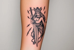 Greek goddess warrior with long dagger and realistic lighting bolts going around body Greek mythology style with dark shading tattoo idea