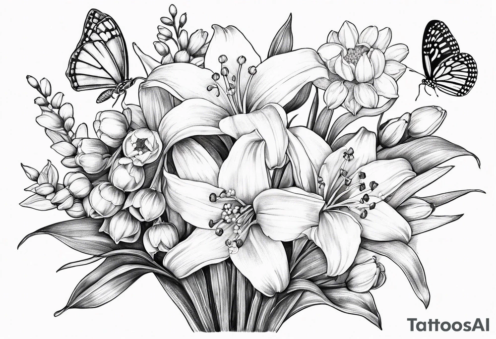 Fine line
lily of the valley, daisy and daffodil bouquet with butterfly 6-8 inches bi tattoo idea
