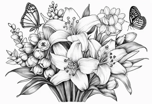 Fine line 
lily of the valley, daisy and daffodil bouquet with butterfly 6-8 inches bi tattoo idea