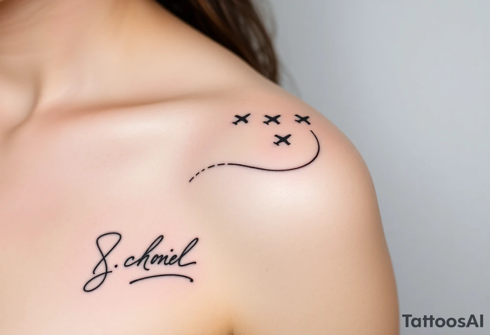 Memorial tattoo using line drawing style in black with shading. The design should flow up from his signature on the bottom, shading into fingerprints and the melting into small planes flying away to the top right. This will go on the left shoulder. Tie the design together with scroll work that starts from the fingerprints and circles the signature. The scroll work should meld into the airplanes tattoo idea