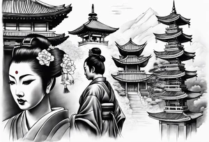 Geisha,samurai,buddah,pagoda,torri gate tattoo idea