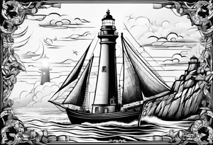 phare maritime dans un bateau a voiles vu du devant. tattoo idea