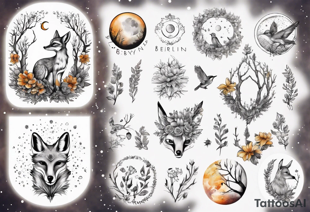 wasser sonne und mond fuchs eule kolibri wald hirsch blume des lebens 
baum berlin tattoo idea