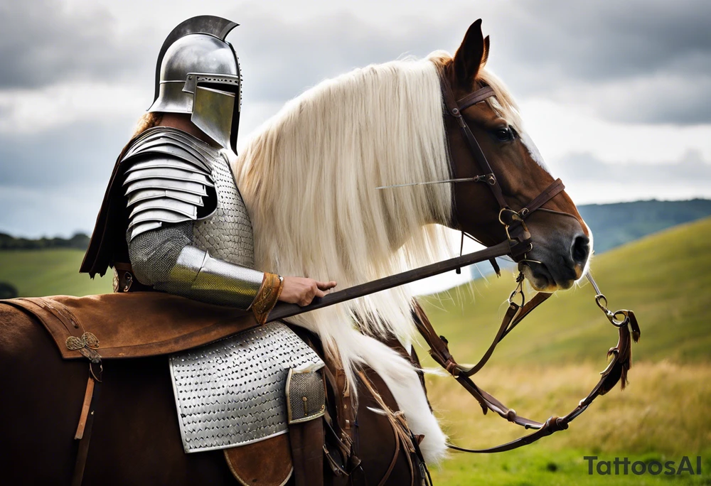 O primeiro cavaleiro do apocalipse. Com um arco e flechas nas costas ele monta num cavalo branco, forte e esbelto, com cabelos longos no pescoço. Com porte fisico forte e vestindo uma armadura de ferro, o cavaleiro usa um capacete medieval em forma de coroa. tattoo idea