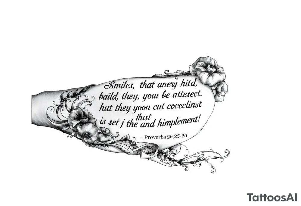 this bible verse proverbs 26: 25-26
He who hates, disguises it with his lips, And lays up deceit within himself,Their hatred may be concealed by deception, but their wickedness will be exposed in the assembly tattoo idea