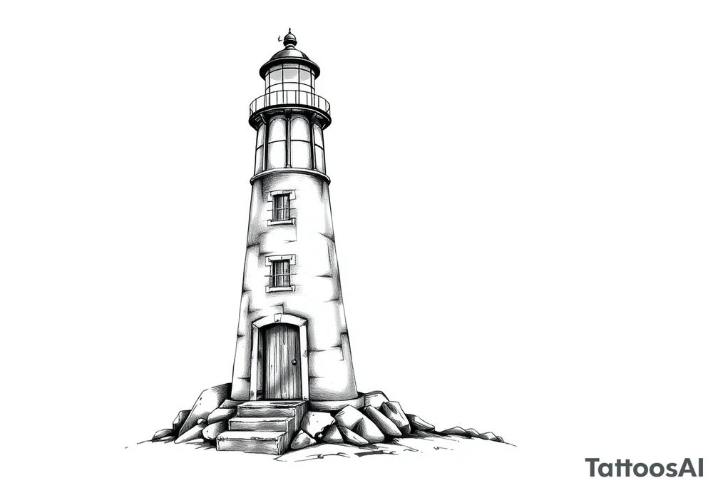 Lighthouse with beams of light with a few windows and an old door with tattoo idea