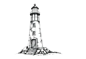 Lighthouse with beams of light with a few windows and an old door with tattoo idea