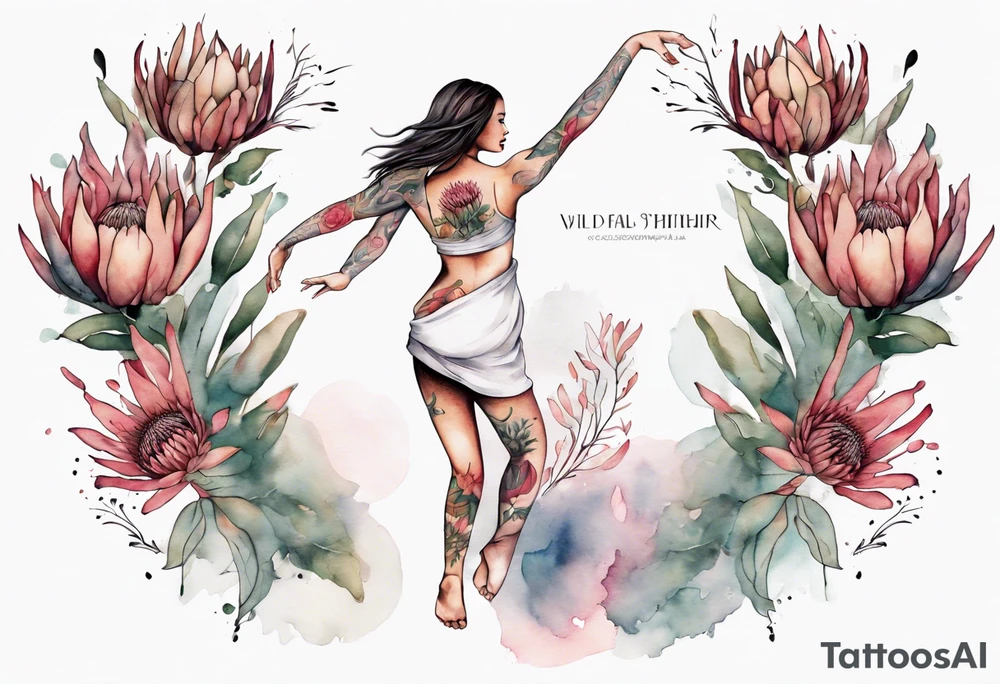 Create a very feminine tattoo of a full figure dancing woman surrounded by protea flowers. Add the words: God is within her, she will not fall. tattoo idea