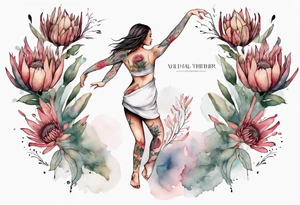 Create a very feminine tattoo of a full figure dancing woman surrounded by protea flowers. Add the words: God is within her, she will not fall. tattoo idea