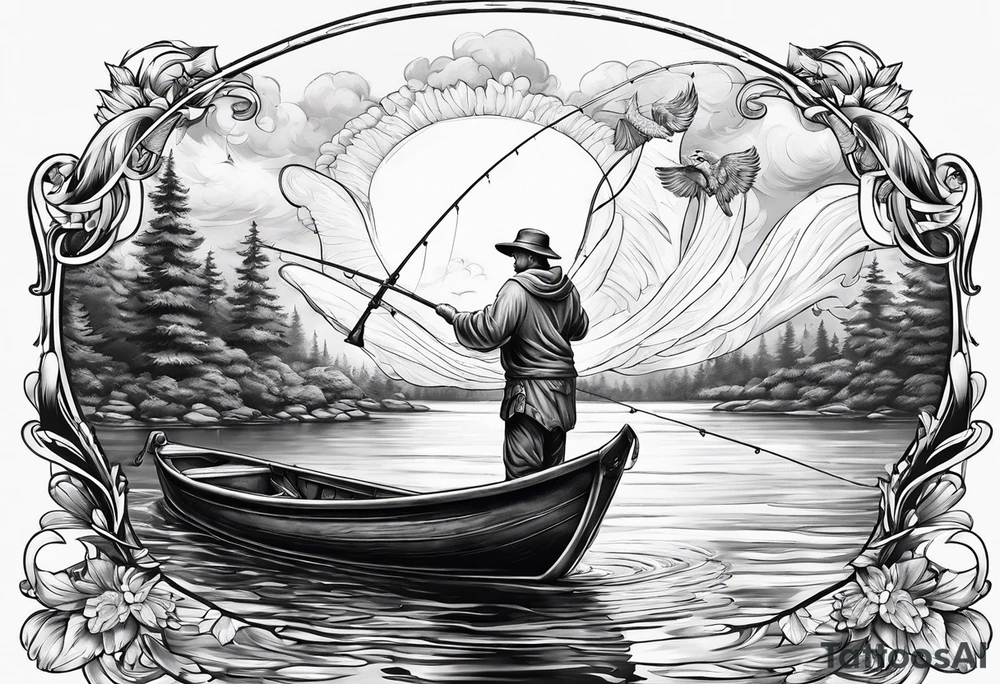 angel fishing in a lake tattoo idea