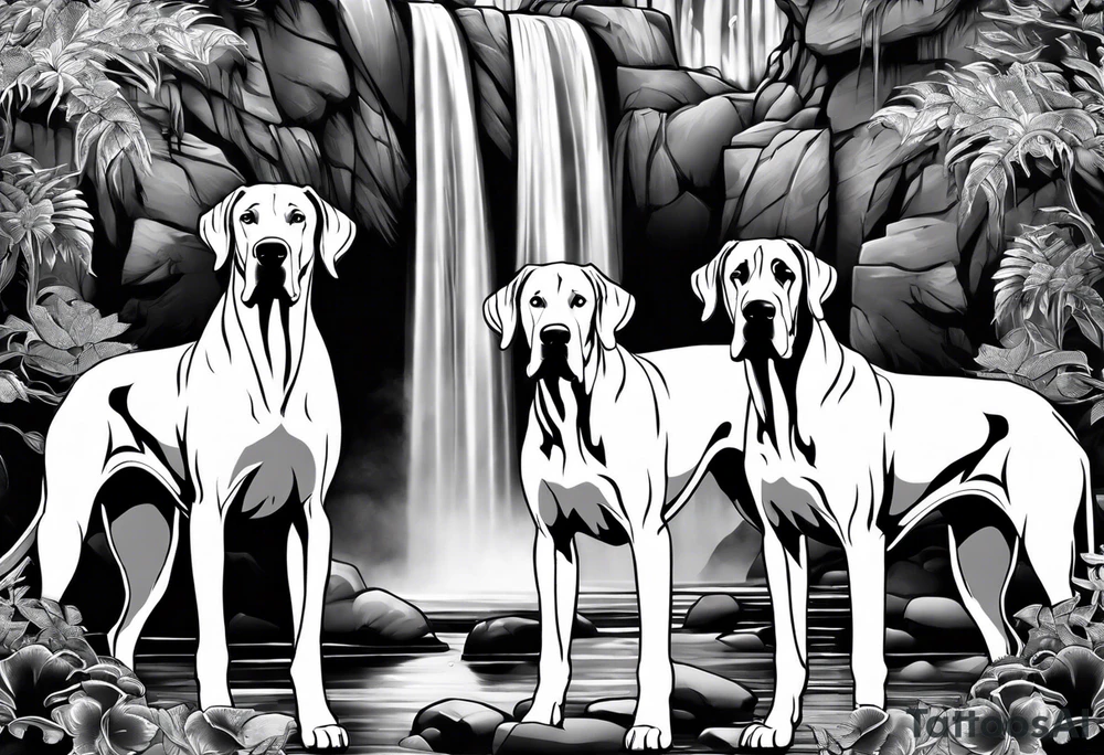 Arm sleeve- with four Great Danes in front of waterfall tattoo idea