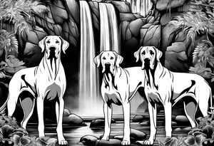Arm sleeve-  with four Great Danes in front of waterfall tattoo idea