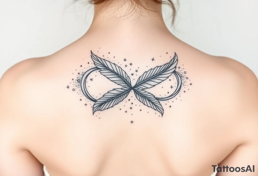 infinity symbol woven with floating feathers and stardust tattoo idea