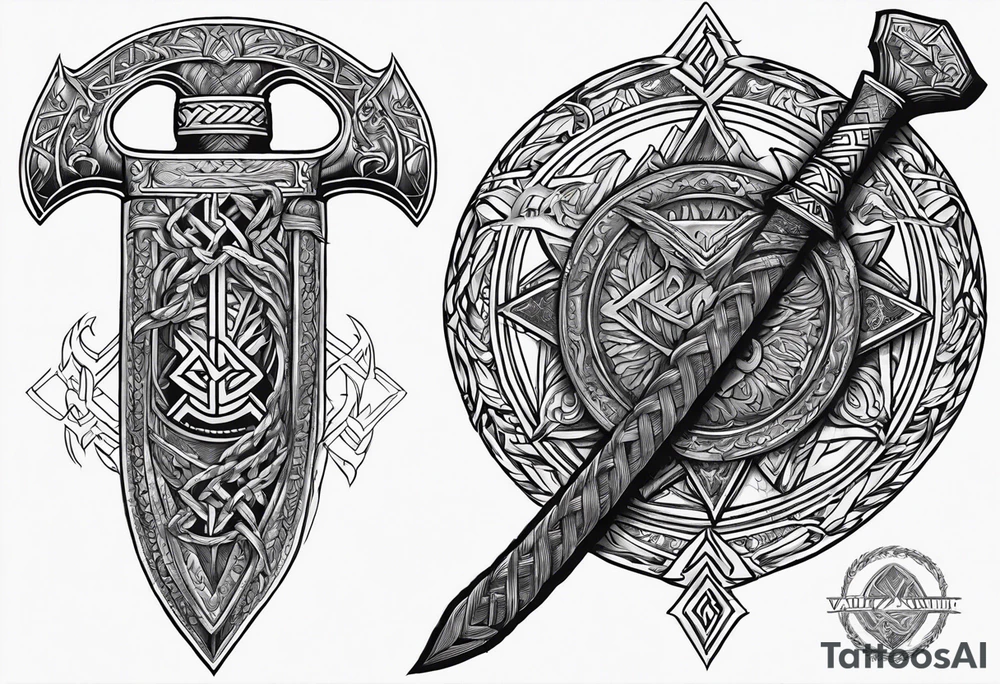 Valhalla sword round axe Valknut steps fire chains tattoo idea Valhalla sword round axe Valknut steps fire chains tattoo idea