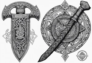 Valhalla sword round  axe Valknut steps fire chains tattoo idea