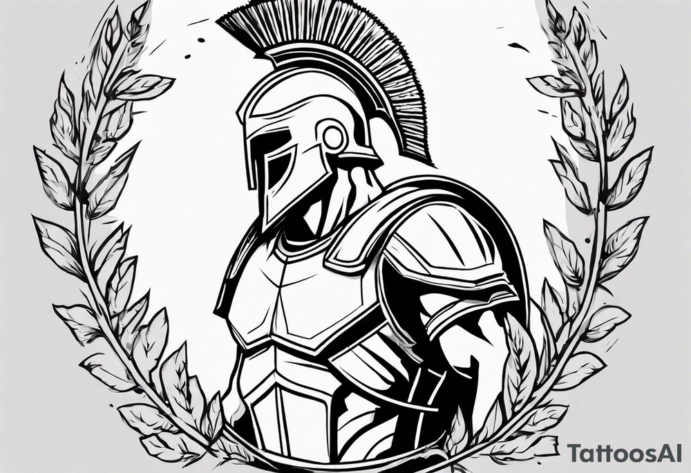 rectangular landscape format ultra-fine line linework vector of a spartan from the side, spartan spear, spartan shield, laurel wreath tattoo idea