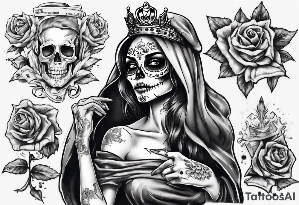 santa la muerta with money and crown
on the card tattoo idea