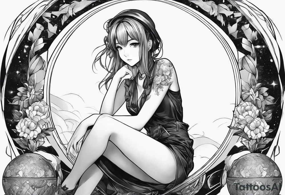 an anime girl sitting on a small sphere, staring front tattoo idea
