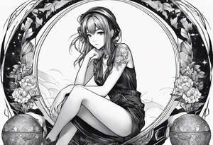 an anime girl sitting on a small sphere, staring front tattoo idea