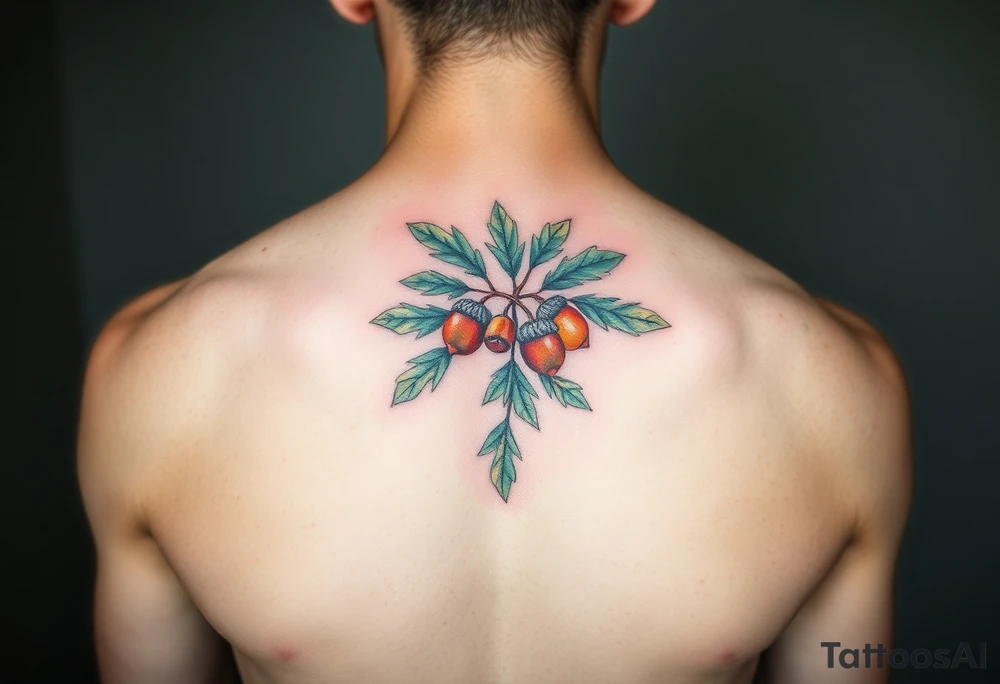 on the chest an oak branch with thick leaves and acorns oak branch with thick leaves and acorns tattoo idea