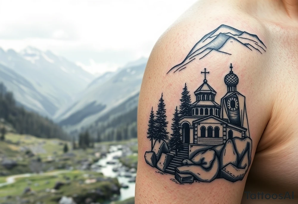Mountainous valley with creek and a few trees with a Russian orthodox kazan scene covering my shoulder entering my upper arm with a Russian orthodox Virgin Mary tattoo idea