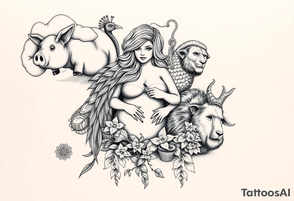 Storm clouds, pig, peacock , fat sexy naked fat woman, cupcakes, noose , money, goat, lion, couple having sex, cigerette storm lightening, killing, darkness tattoo idea