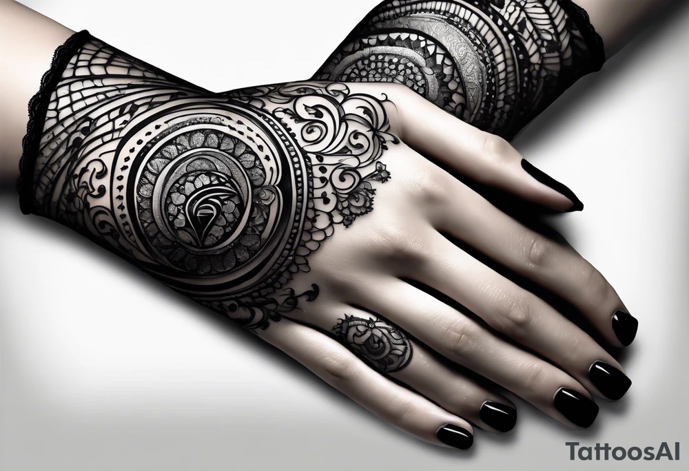 Elbow length lace glove with swirls and whorls of black ink and large feline eye on the palm tattoo idea