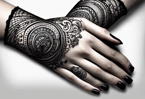 Elbow length lace glove with swirls and whorls of black ink and large feline eye on the palm tattoo idea